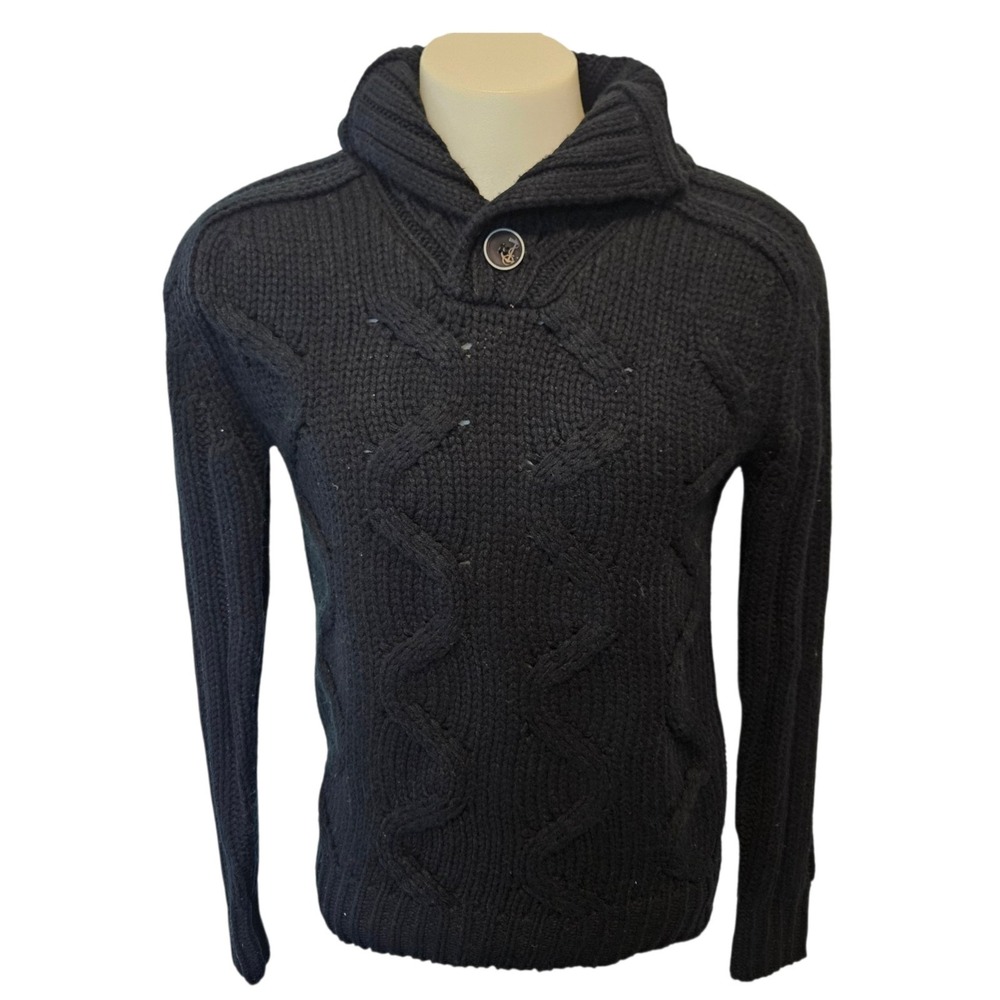 Weatherproof Vintage Thick Cable‑Knit Sweater Button‑Neck, Size Small Black